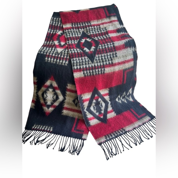 Tartán Geometric Patterned Scarf Red & Black 100% Scottish Cashmere 12”W x 70”L - Picture 1 of 6